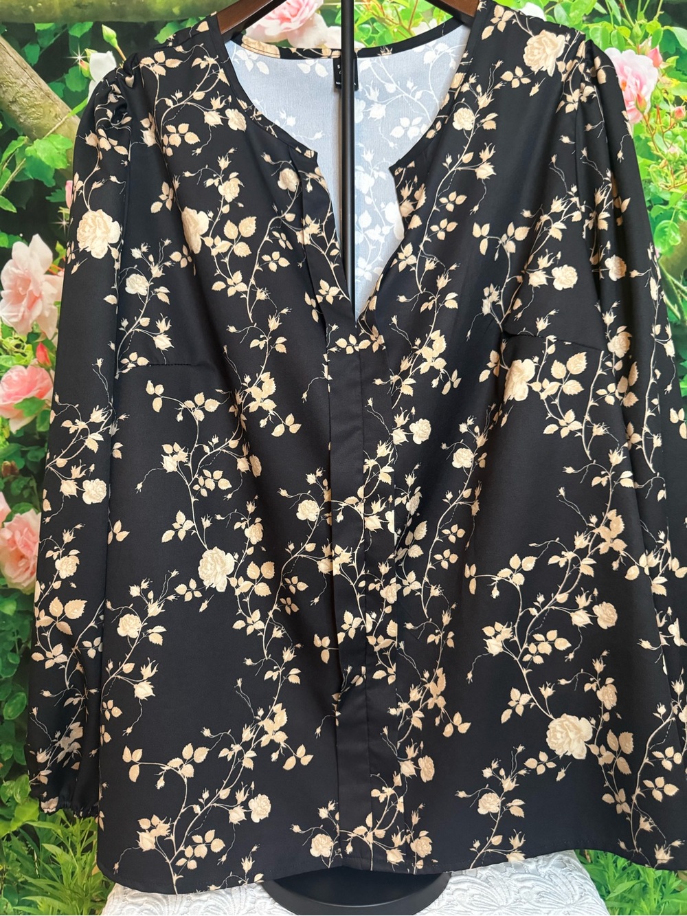 SHEIN Black Blouse with Cream Floral Pattern
